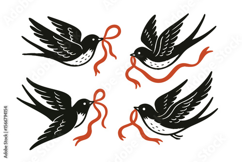 Four swallows birds are depicted soaring gracefully, each carrying a bright red bow in their beaks. Vector flat illustration