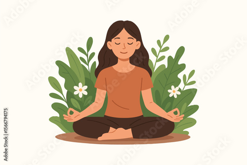 Woman sitting in a meditative pose with hands in a mudra while surrounded by lush plants and flowers. Tranquility and focus, mindfulness in nature, mental health. Vector flat illustration