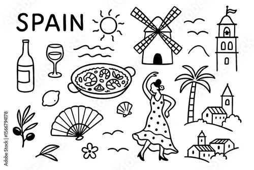 Whimsical doodles of Spain with elements like a flamenco dancer, paella, windmills, and palm trees, olives. Whimsy hand drawn line art mediterranean elements. Vector outline illustration