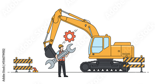 Construction worker with a large wrench near an excavator preparing for heavy duty equipment repair and maintenance work outdoors