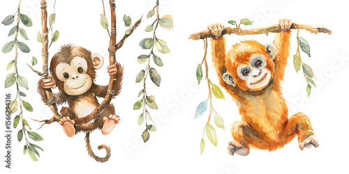 monkey hanging on branches watercolor vector illustration
