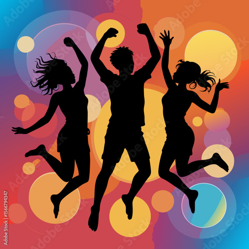 Zumba vector with silhouettes jumping on vibrant colorful background. Suitable for fitness flyers, dance class posters, and wellness websites.