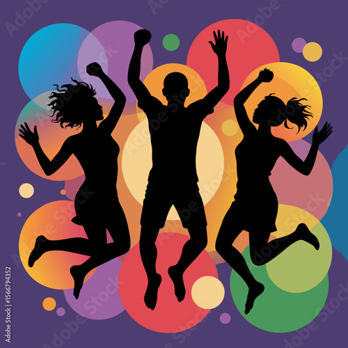 Zumba vector with silhouettes jumping on vibrant colorful background. Suitable for fitness flyers, dance class posters, and wellness websites.