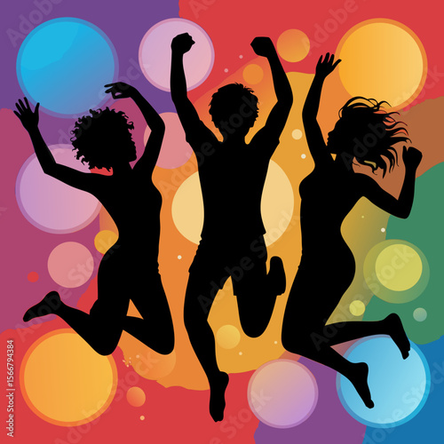 Zumba vector with silhouettes jumping on vibrant colorful background. Suitable for fitness flyers, dance class posters, and wellness websites.