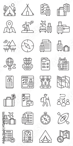 Adventure Travel Packing Essentials set of web icons in line style. adventure travel, travel essentials, packing list, travel gear and outdoor equipment. Vector illustration.