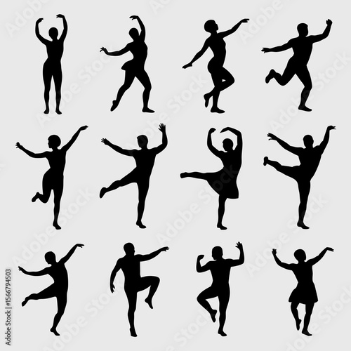 Zumba vector of twelve diverse black silhouettes dancing joyfully in vibrant zumba class. Suitable for fitness or dancerelated designs.