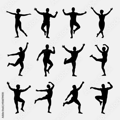 Zumba vector of twelve diverse black silhouettes dancing joyfully in vibrant zumba class. Suitable for fitness or dancerelated designs.