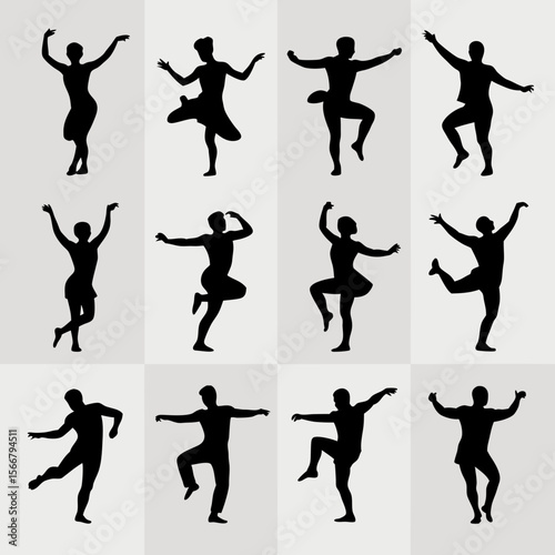 Zumba vector of twelve diverse black silhouettes dancing joyfully in vibrant zumba class. Suitable for fitness or dancerelated designs.