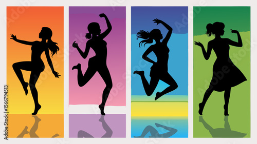 Zumba vector design with vibrant backgrounds, featuring dancing female silhouettes. Suitable for fitness apps, event posters, and dance studio promotions.