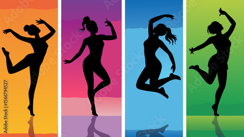 Zumba vector design with vibrant backgrounds, featuring dancing female silhouettes. Suitable for fitness apps, event posters, and dance studio promotions.
