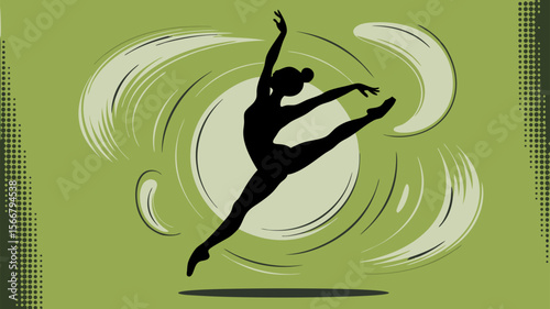 Zumba vector of a ballerina silhouette jumping with vibrant energy against a green background. Perfect for dance studio promotions.