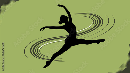 Zumba vector of a ballerina silhouette jumping with vibrant energy against a green background. Perfect for dance studio promotions.