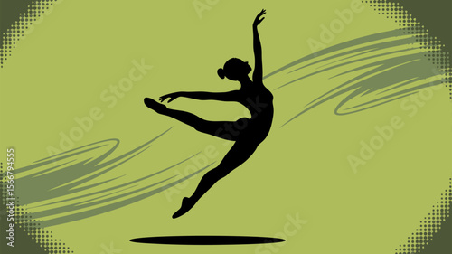 Zumba vector of a ballerina silhouette jumping with vibrant energy against a green background. Perfect for dance studio promotions.
