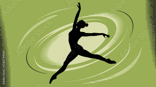 Zumba vector of a ballerina silhouette jumping with vibrant energy against a green background. Perfect for dance studio promotions.