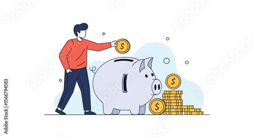 Man putting coins into a large piggy bank with stacked coins and bubbles in the background financial saving concept illustration