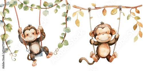 monkey swinging on a vine watercolor vector illustration