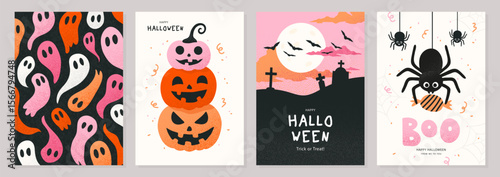 Set of halloween greeting card designs with textured grainy modern illustrations featuring ghost pattern, stack of pumpkins, night cemetery and cute spider, for fall holiday party invitations, vector 