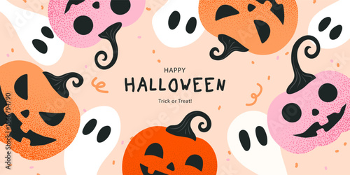 Halloween party banner template with cute ghosts and pink and orange textured jack-o-lanterns on light background for autumn holidays celebration and website header design, vector illustration.