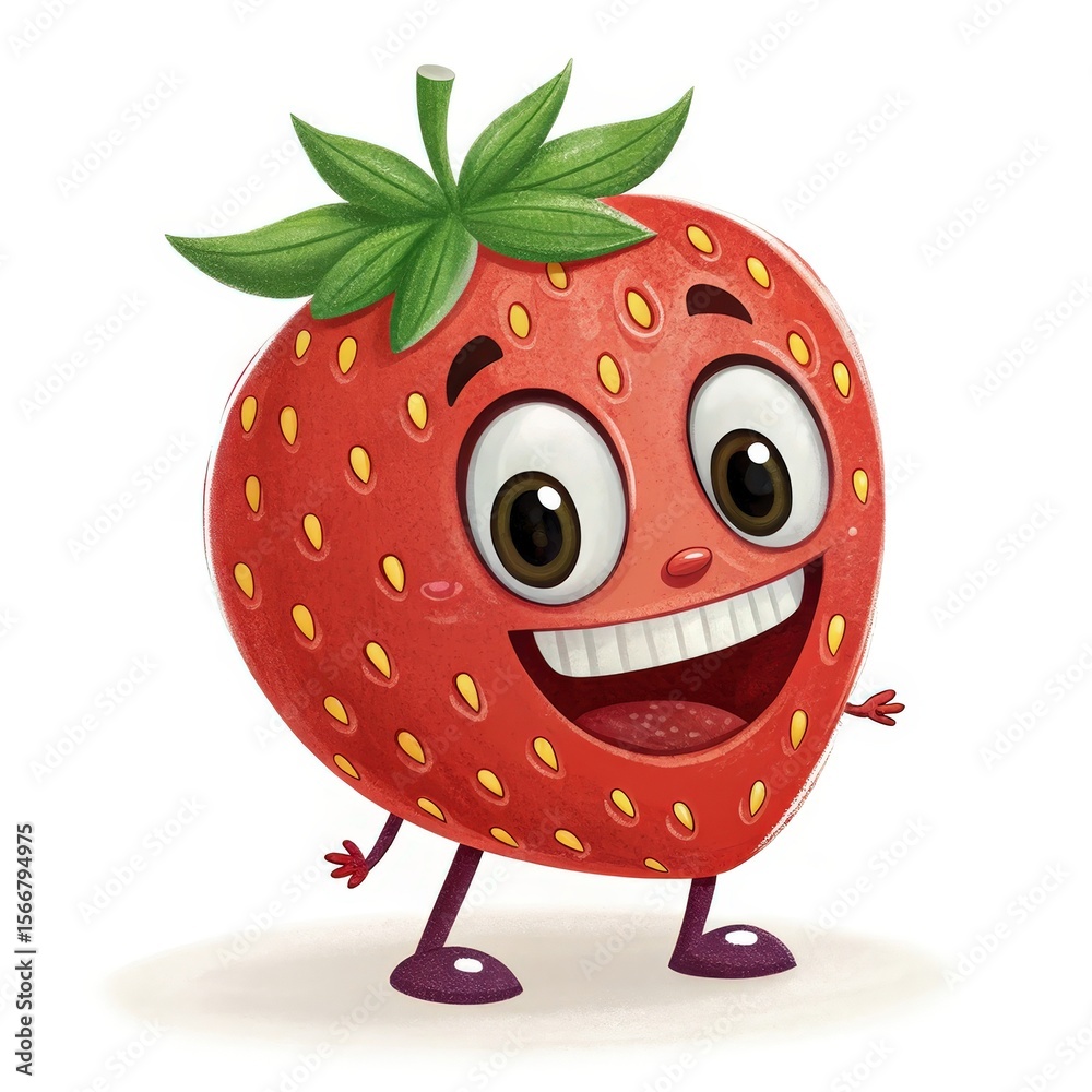 Obraz premium Happy Red Strawberry Cartoon Character with Big Smile on a White Background