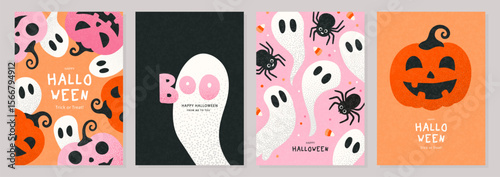 Set of modern Halloween greeting cards including jack o lanterns, spiders and ghosts for spooky autumn holiday party, vector illustration.