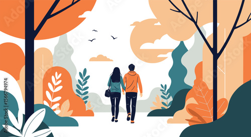 A couple enjoys a beautiful autumn stroll through a vibrant park amidst colorful foliage and serene nature