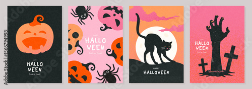 Set of scary Halloween greeting card templates with textured art, featuring a black cat under the full moon, a zombie hand rising from the grave, and spooky jack-o'-lantern designs, vector