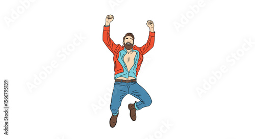 A burly bearded lumberjack wearing a red jacket and blue jeans jumps with joy against a white background captured in a pixelated art style