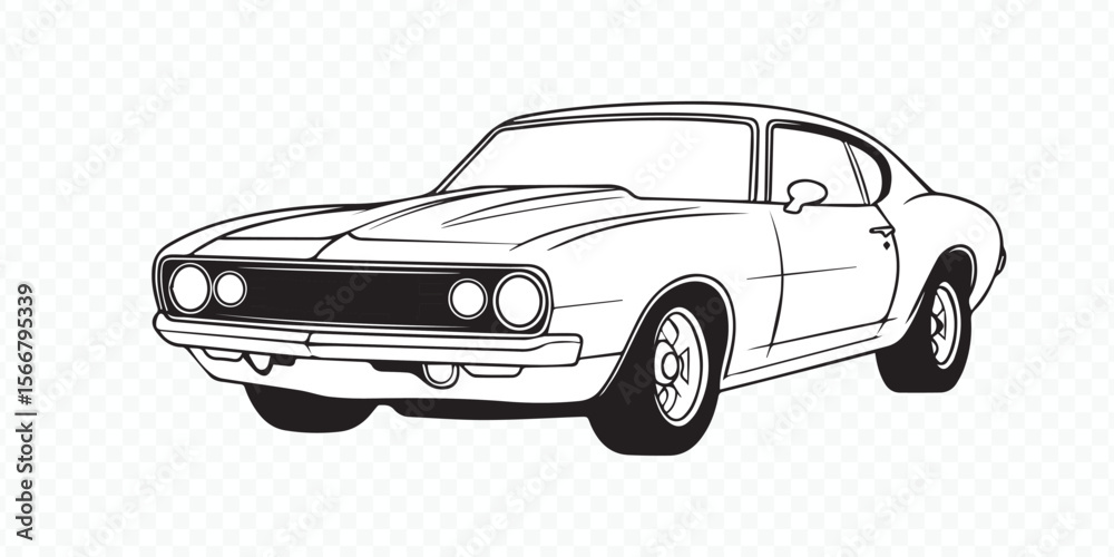 Obraz premium classic muscle car outline illustration, monochrome vector sketch of vintage automobile, black and white line art design