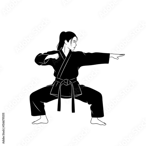 Illustration of a woman in a karate stance wearing a black gi with a white background in vector style