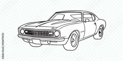 automotive vector line art, vintage muscle car drawing with detailed contours, retro vehicle sketch for posters and prints