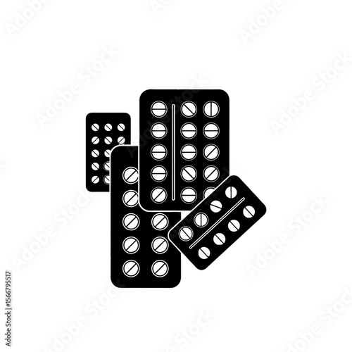 A graphic representation of multiple blister packs of pills in varying sizes and color gradients