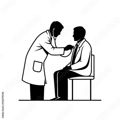A doctor in a white coat examining a patient with a stethoscope in a black and white illustration