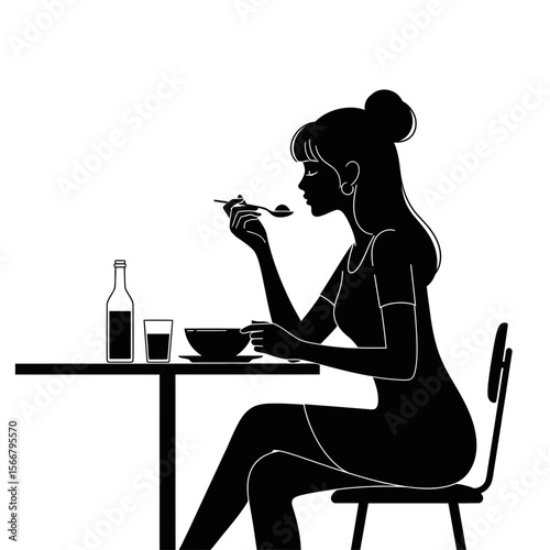 Silhouette of a woman eating soup at a table with a bottle and glass in a minimalist style art