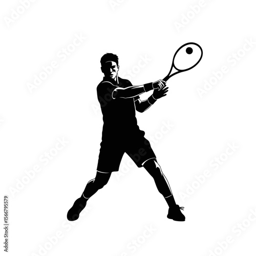 A silhouette of a tennis player hitting a ball with a racket on a white background illustration