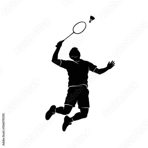 Silhouette of badminton player jumping with racket about to hit shuttlecock on white background