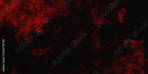 Red color powder explosion isolated on black background. Colorful dust explode. Paint Holi, dust particles splash. Network concept with spray. Futuristic technology element. 3D rendering.