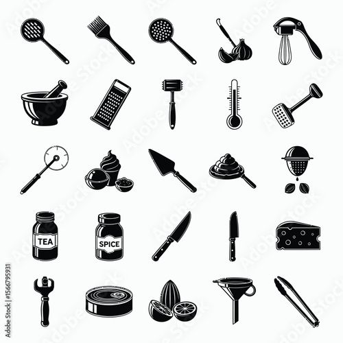 Collection of black and white kitchen utensils and food items on white background