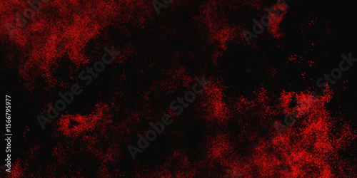 Red color powder explosion isolated on black background. Colorful dust explode. Paint Holi, dust particles splash. Network concept with spray. Futuristic technology element. 3D rendering.