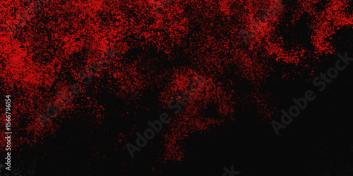 Red color powder explosion isolated on black background. Colorful dust explode. Paint Holi, dust particles splash. Network concept with spray. Futuristic technology element. 3D rendering.