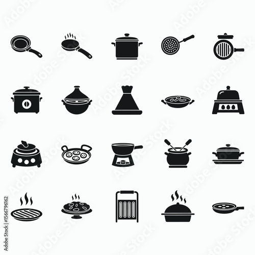 Collection of black cooking pot and pan icons with steam and food elements kitchen