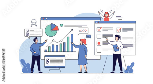 Business professionals collaborating on financial reports and project management tasks using digital data visualization tools and analytics dashboards