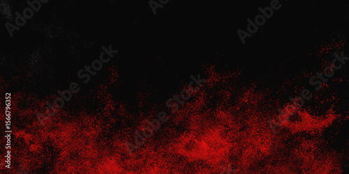 Red color powder explosion isolated on black background. Colorful dust explode. Paint Holi, dust particles splash. Network concept with spray. Futuristic technology element. 3D rendering.