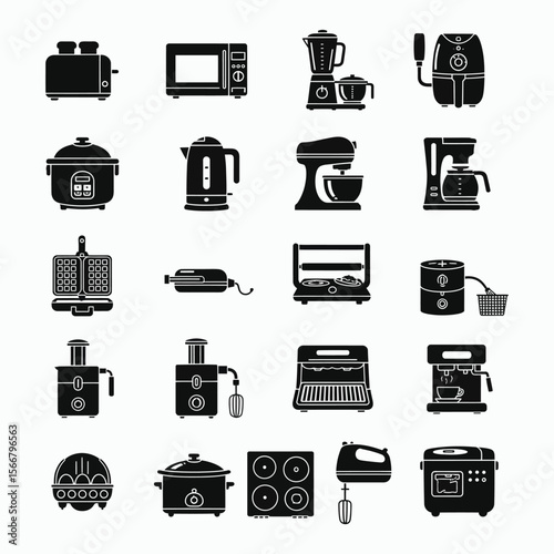 Collection of black kitchen appliance icons on white background toaster microwave