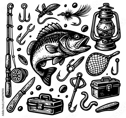 sticker fishing gear icon logo template set outdoor adventure hobby big bass fish