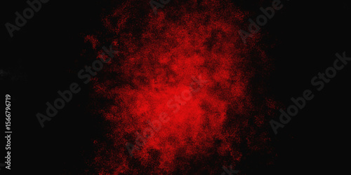 Red color powder explosion isolated on black background. Colorful dust explode. Paint Holi, dust particles splash. Network concept with spray. Futuristic technology element. 3D rendering.