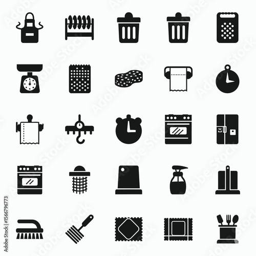 Collection of kitchen and cleaning related black icons on white background apron dish rack