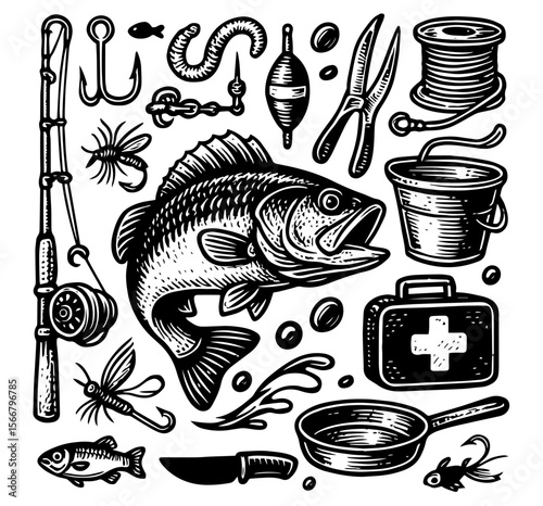 sticker fishing gear icon logo template set outdoor adventure hobby big bass fish