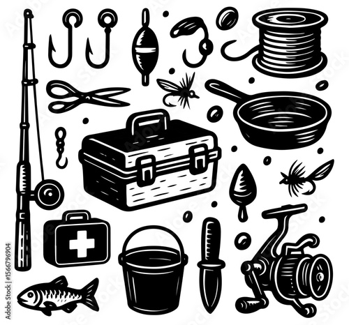 sticker fishing gear icon logo template set outdoor adventure hobby big bass fish