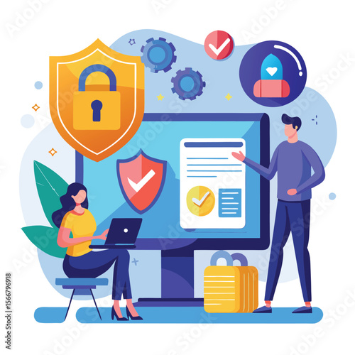 Digital security and data protection concept with people using modern technology illustration