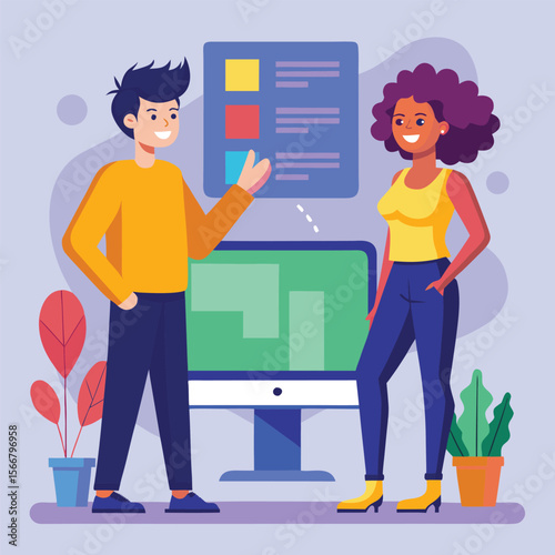 Diverse team members discussing a project with a computer screen and data visualization